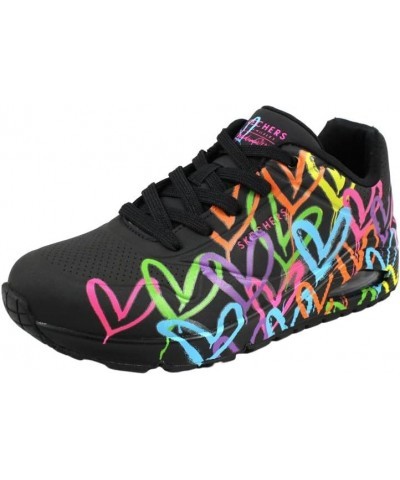 Women's Low Sneaker Black and Multi Heart Print Duraleather Bla $58.00 Fashion Sneakers