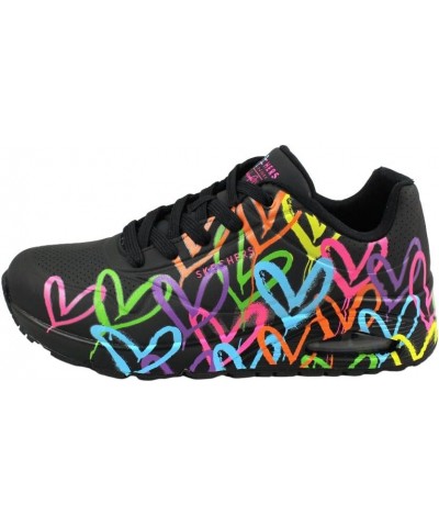 Women's Low Sneaker Black and Multi Heart Print Duraleather Bla $58.00 Fashion Sneakers