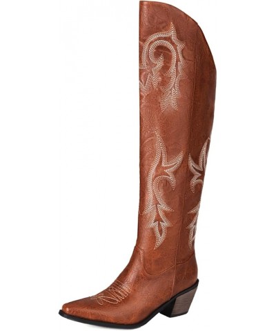 Women's Embroidered Cowboy Boots Knee High Boots Chunky Heel Pointed Toe Western Boots Dark Brown $30.71 Boots