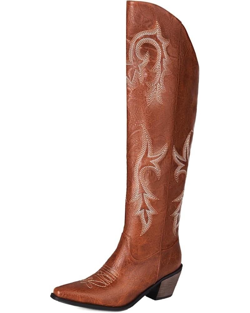 Women's Embroidered Cowboy Boots Knee High Boots Chunky Heel Pointed Toe Western Boots Dark Brown $30.71 Boots