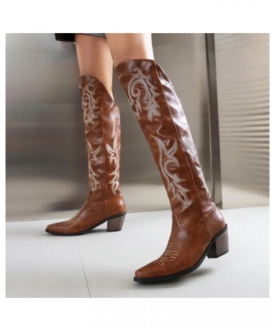 Women's Embroidered Cowboy Boots Knee High Boots Chunky Heel Pointed Toe Western Boots Dark Brown $30.71 Boots