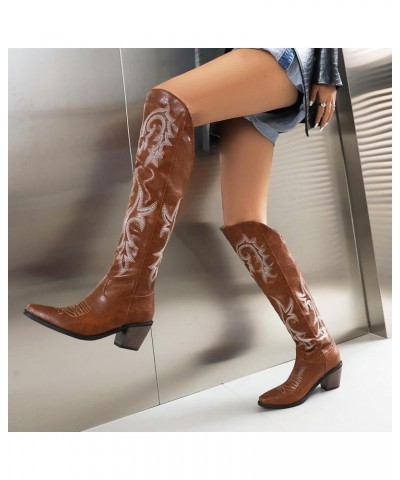 Women's Embroidered Cowboy Boots Knee High Boots Chunky Heel Pointed Toe Western Boots Dark Brown $30.71 Boots