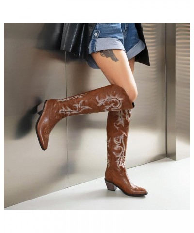 Women's Embroidered Cowboy Boots Knee High Boots Chunky Heel Pointed Toe Western Boots Dark Brown $30.71 Boots