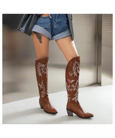 Women's Embroidered Cowboy Boots Knee High Boots Chunky Heel Pointed Toe Western Boots Dark Brown $30.71 Boots