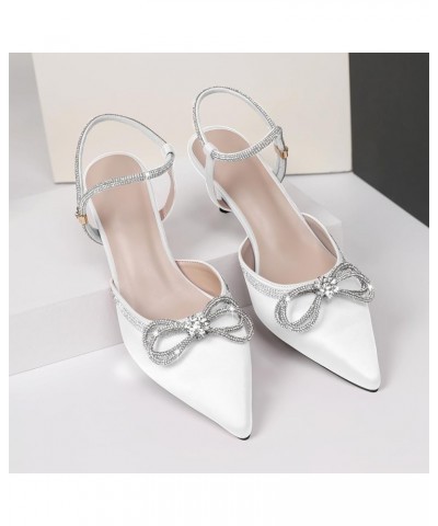 Rhinestone Bow Heels Low Kitten Heel Glitter Double Bow Pumps Pointed Toe Women Slingback Adjustable Ankle Strap Shoes for We...