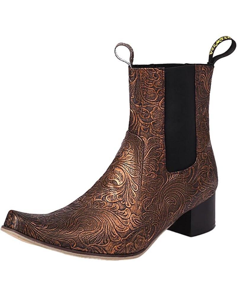 Womens Boots Fall 2023 Chunky Heel Ankle Boots European Court Embroidered Cowgirl Boots Plus Size Cocktail Shoes Brown $16.81...