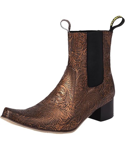 Womens Boots Fall 2023 Chunky Heel Ankle Boots European Court Embroidered Cowgirl Boots Plus Size Cocktail Shoes Brown $16.81...