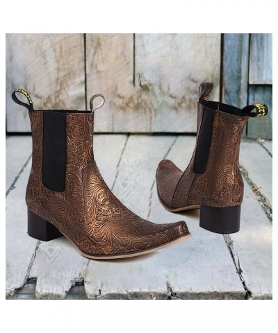 Womens Boots Fall 2023 Chunky Heel Ankle Boots European Court Embroidered Cowgirl Boots Plus Size Cocktail Shoes Brown $16.81...