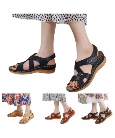 Women Sandals Fashion Summer Solid Roman Sandals Comfortable Wedge Soft Sole Non Slip Light Shoes Leather Sandals (Black, 6.5...