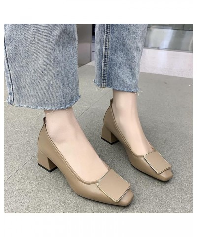 Woman Slip On Pump Shoes Breathable Faux Leather Square Toe Office Shoes Chunky Block Heel Pumps Khaki $27.99 Pumps