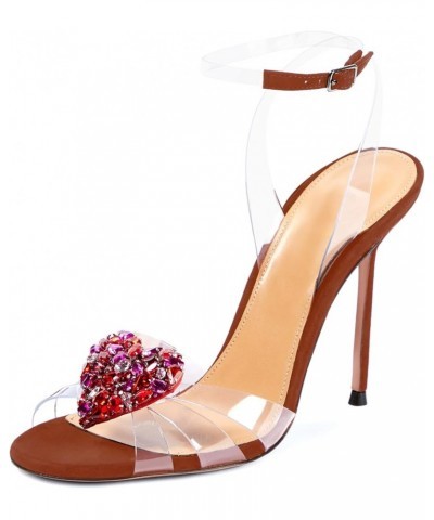 Women's Round Toe Crystal Heart Transparent PVC Sandals Stiletto Heels Ankle Strap Rhinestone Wedding Party High Heels for Wo...