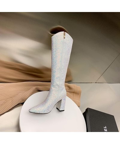 Women's Sequin Glitter Knee High Boots Pointed Toe Chunky Heels Side Zippers Prom Glitter Party Dress Fashion Short Sparkly B...