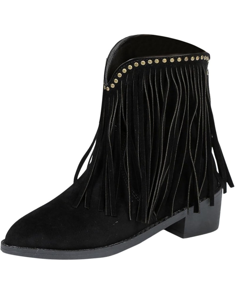 Mid Calf Boots for Women Low Heel Western Fringe Cowboy Boots Pointed Toe Zip Boots Suede Chunky Heel Winter Booties Black $2...