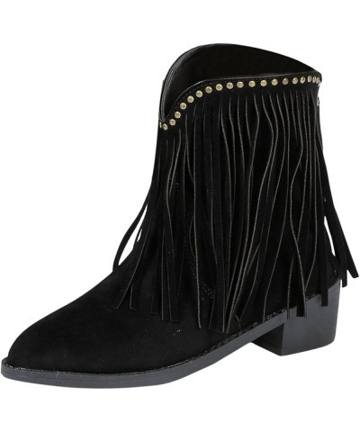 Mid Calf Boots for Women Low Heel Western Fringe Cowboy Boots Pointed Toe Zip Boots Suede Chunky Heel Winter Booties Black $2...