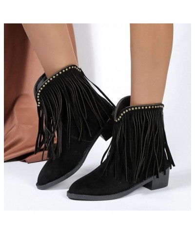 Mid Calf Boots for Women Low Heel Western Fringe Cowboy Boots Pointed Toe Zip Boots Suede Chunky Heel Winter Booties Black $2...