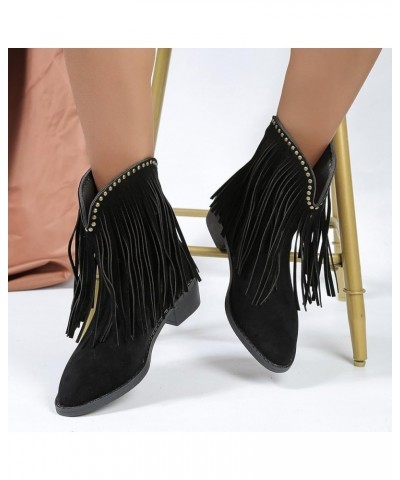 Mid Calf Boots for Women Low Heel Western Fringe Cowboy Boots Pointed Toe Zip Boots Suede Chunky Heel Winter Booties Black $2...