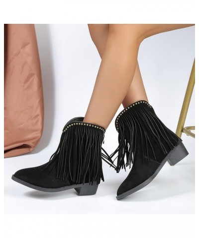 Mid Calf Boots for Women Low Heel Western Fringe Cowboy Boots Pointed Toe Zip Boots Suede Chunky Heel Winter Booties Black $2...