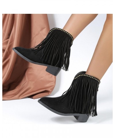 Mid Calf Boots for Women Low Heel Western Fringe Cowboy Boots Pointed Toe Zip Boots Suede Chunky Heel Winter Booties Black $2...