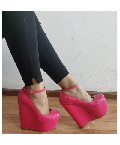 Women's Wedge Heel Pumps,Platform High Heel Wedge Pump Shoes,Ankle Strap Round Toe Red Dress Heels Fuchsia $36.79 Sandals