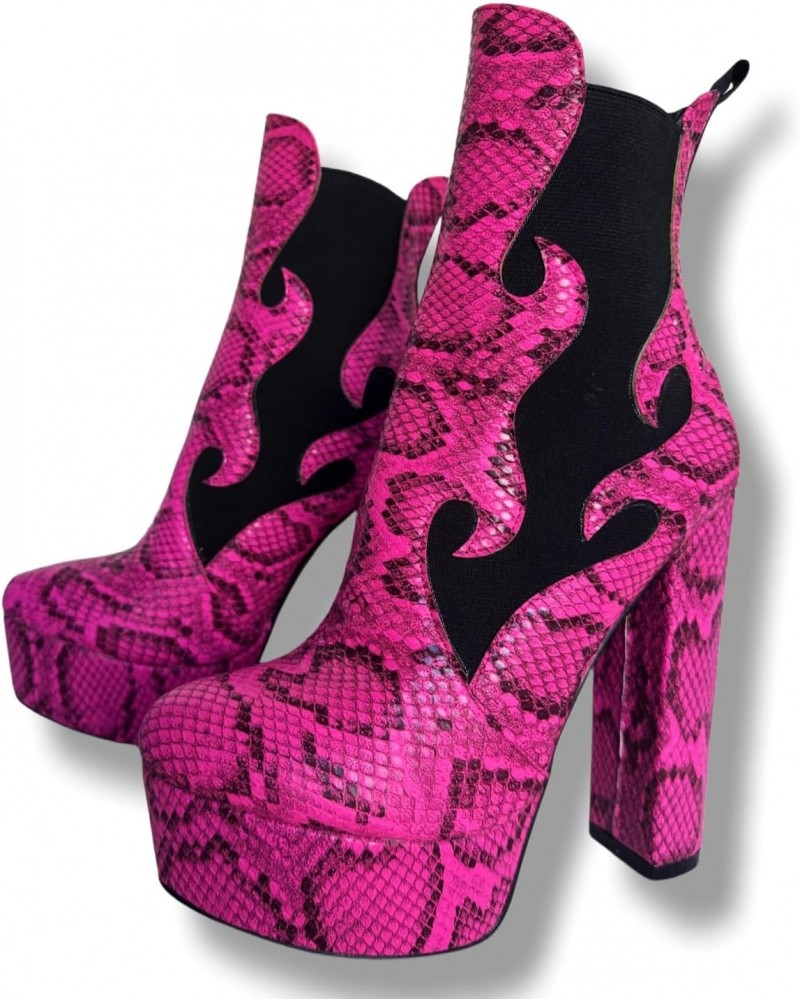 Ladies Sexy Chunky Block Platform Ankle High Heeled Bootie, Pink Python Snake Style, Big Large Size US5-19 Boot Shoes For Wom...