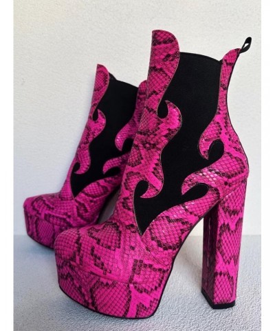 Ladies Sexy Chunky Block Platform Ankle High Heeled Bootie, Pink Python Snake Style, Big Large Size US5-19 Boot Shoes For Wom...