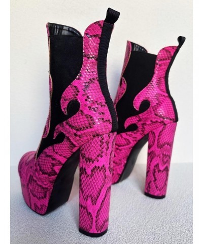 Ladies Sexy Chunky Block Platform Ankle High Heeled Bootie, Pink Python Snake Style, Big Large Size US5-19 Boot Shoes For Wom...