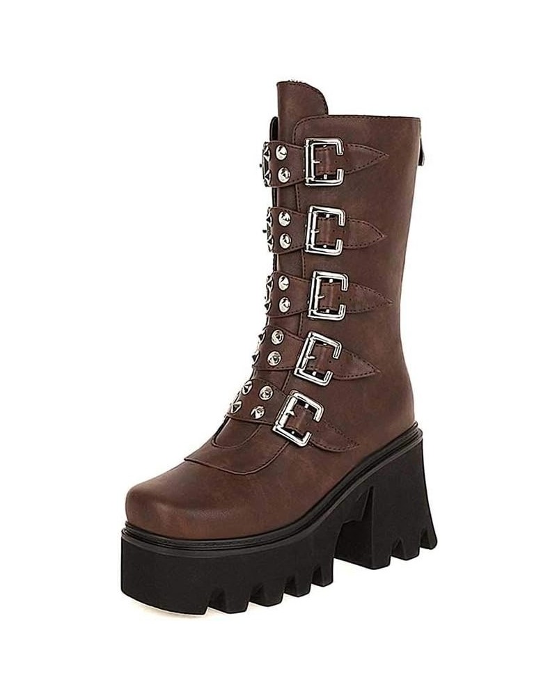 Studded Mid Calf Boots for Women Thick Platform Round Toe Black Goth Punk Buckle Rivet Combat lady boots Brown $33.38 Boots