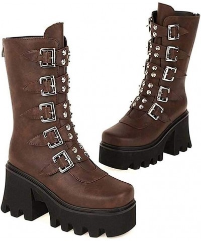 Studded Mid Calf Boots for Women Thick Platform Round Toe Black Goth Punk Buckle Rivet Combat lady boots Brown $33.38 Boots