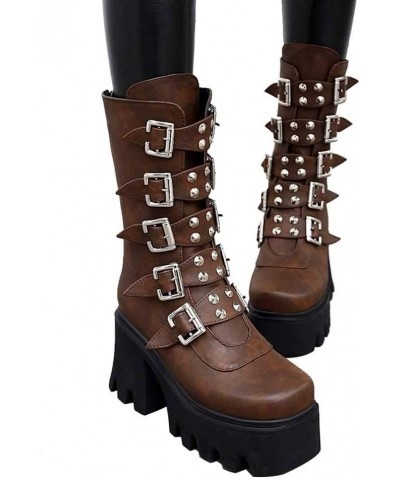 Studded Mid Calf Boots for Women Thick Platform Round Toe Black Goth Punk Buckle Rivet Combat lady boots Brown $33.38 Boots