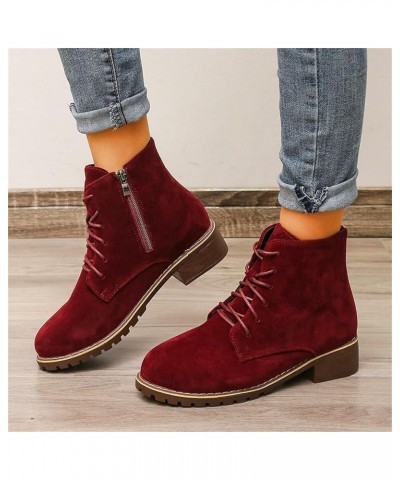 Ladies Vintage Solid Flock Lace Up Side Zipper Thick Heel Fashion Short Boots Womens Lace up Boots under 30 Red $21.34 Boots