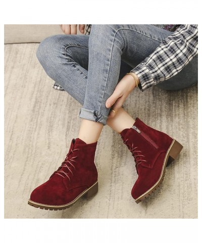 Ladies Vintage Solid Flock Lace Up Side Zipper Thick Heel Fashion Short Boots Womens Lace up Boots under 30 Red $21.34 Boots