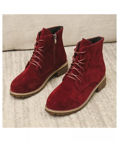 Ladies Vintage Solid Flock Lace Up Side Zipper Thick Heel Fashion Short Boots Womens Lace up Boots under 30 Red $21.34 Boots