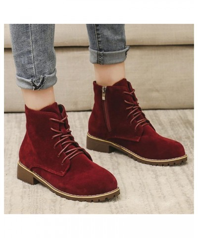 Ladies Vintage Solid Flock Lace Up Side Zipper Thick Heel Fashion Short Boots Womens Lace up Boots under 30 Red $21.34 Boots