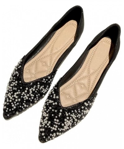 Womens Comfortable Flats Pointed Toe Rhinestone Wedding Dress Flats Breathable Slip on Walking Flat Shoes G Black $10.98 Flats