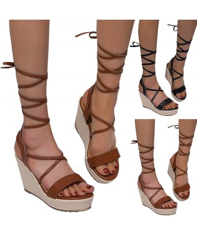 Sandals for Women Women Sandals Fashionable Summer New Pattern Simple Solid Color Lace Up Thick Bottom Wedge Comfortable (Bla...