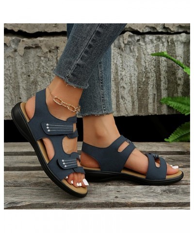 Sandals Women Comfortable Dressy Ladies Leopard Print Leather Open Toe Hook Loop Flat Sandals Leather Flat Sandals Dark Blue ...