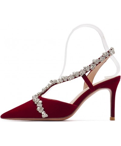 Women T-Strap Wedding Shoes Rhinestone Satin Pointed Toe Stiletto High Heel Sandals,Burgundy,9 $41.00 Sandals