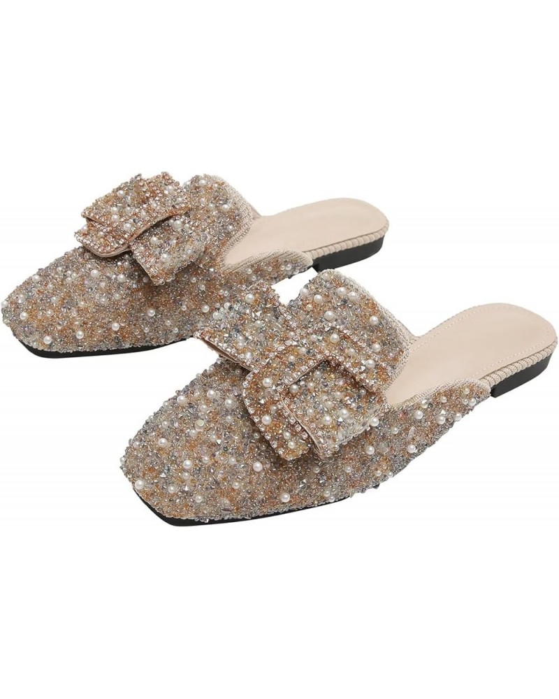 Women Mules Bow-knot Closed Square toe Mules Fashion Rhinestones Flat Slippers Slip On Loafers Casual Flat Shoes 050-apricot ...