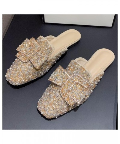 Women Mules Bow-knot Closed Square toe Mules Fashion Rhinestones Flat Slippers Slip On Loafers Casual Flat Shoes 050-apricot ...