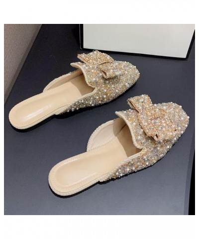 Women Mules Bow-knot Closed Square toe Mules Fashion Rhinestones Flat Slippers Slip On Loafers Casual Flat Shoes 050-apricot ...