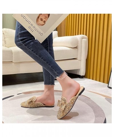 Women Mules Bow-knot Closed Square toe Mules Fashion Rhinestones Flat Slippers Slip On Loafers Casual Flat Shoes 050-apricot ...