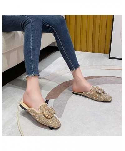 Women Mules Bow-knot Closed Square toe Mules Fashion Rhinestones Flat Slippers Slip On Loafers Casual Flat Shoes 050-apricot ...