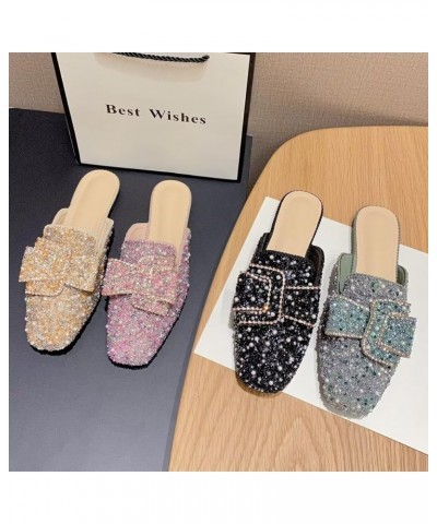 Women Mules Bow-knot Closed Square toe Mules Fashion Rhinestones Flat Slippers Slip On Loafers Casual Flat Shoes 050-apricot ...