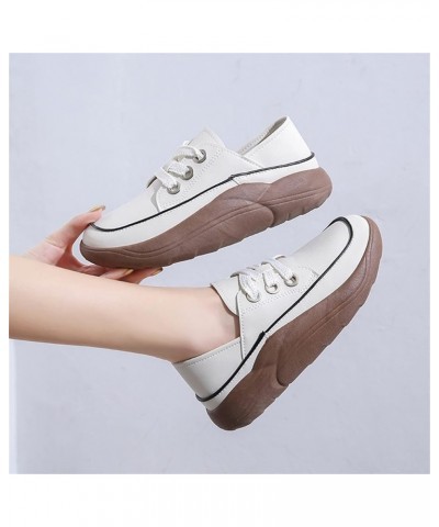 Womens Solid Leather Round Toe Slip on Shoes Casual Flat Shoes Leather Surface Lace Up Casual Shoes for Women Work Casual Sho...