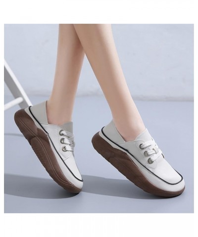 Womens Solid Leather Round Toe Slip on Shoes Casual Flat Shoes Leather Surface Lace Up Casual Shoes for Women Work Casual Sho...