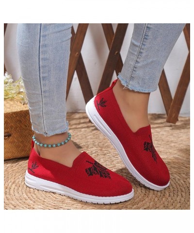 Ladies Fashion Breathable Mesh Leaf Printed Flat Bottomed Casual Sports Shoes Sneaker Sandals for Women Red $14.55 Outdoor Shoes