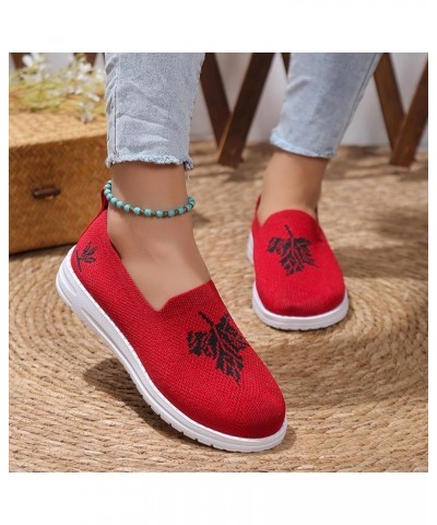 Ladies Fashion Breathable Mesh Leaf Printed Flat Bottomed Casual Sports Shoes Sneaker Sandals for Women Red $14.55 Outdoor Shoes