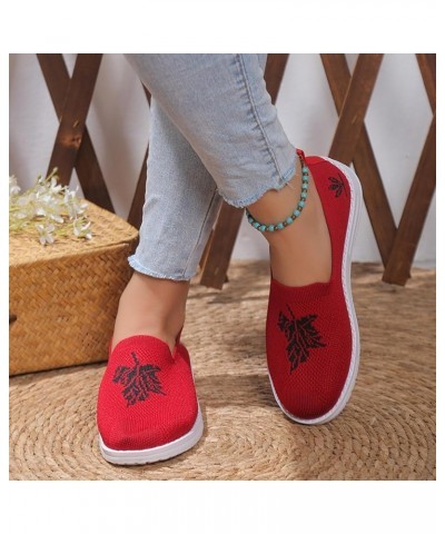 Ladies Fashion Breathable Mesh Leaf Printed Flat Bottomed Casual Sports Shoes Sneaker Sandals for Women Red $14.55 Outdoor Shoes