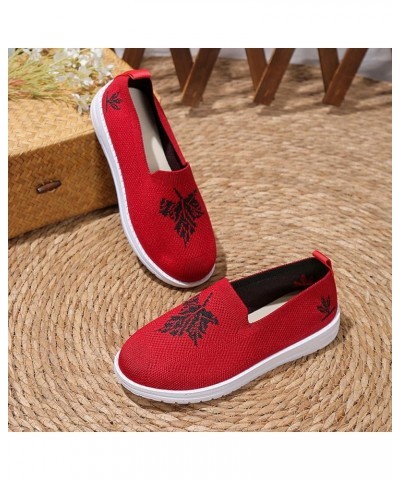 Ladies Fashion Breathable Mesh Leaf Printed Flat Bottomed Casual Sports Shoes Sneaker Sandals for Women Red $14.55 Outdoor Shoes