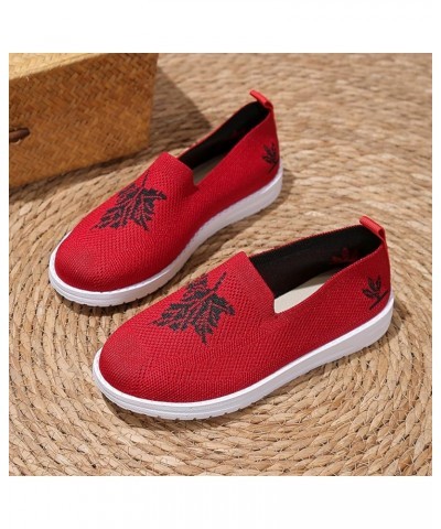 Ladies Fashion Breathable Mesh Leaf Printed Flat Bottomed Casual Sports Shoes Sneaker Sandals for Women Red $14.55 Outdoor Shoes